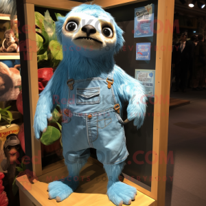 Cyan Sloth mascot costume character dressed with a Denim Shorts and Shoe clips