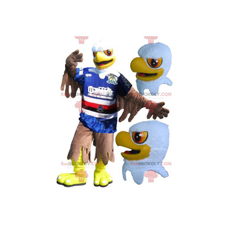 Maskottchen gelber weißer und brauner Adler in Sportbekleidung Maskottchen gelber weißer und brauner Adler in Sportbekleidung