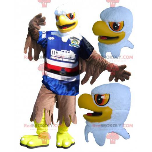 Mascot águila blanca y marrón amarilla en ropa deportiva -