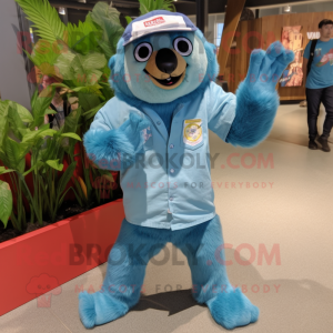 Cyan Sloth mascot costume character dressed with a Denim Shorts and Shoe clips