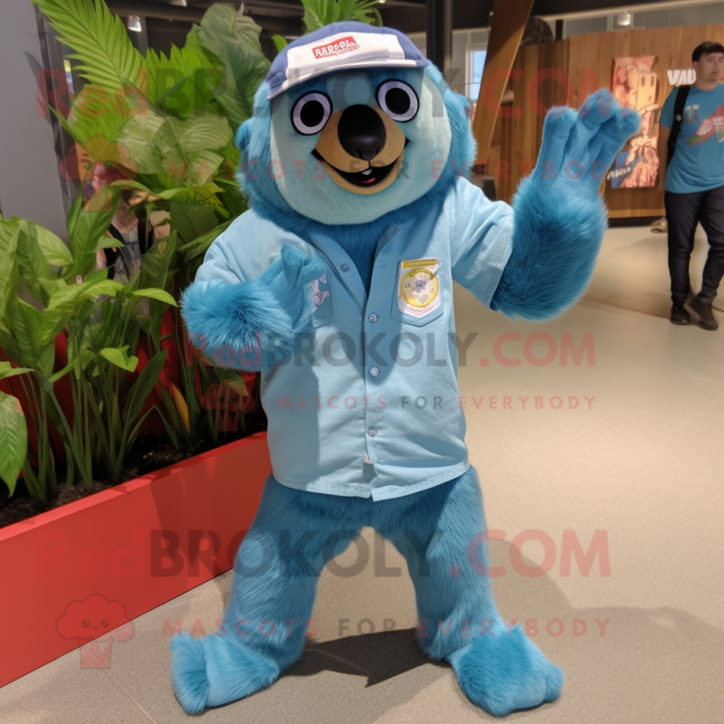 Cyan Sloth mascot costume character dressed with a Denim Shorts and Shoe clips Cyan Sloth mascot costume character dressed with a Denim Shorts and Shoe clips