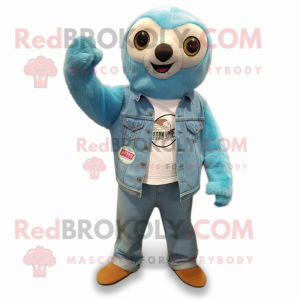 Cyan Sloth mascot costume character dressed with a Denim Shorts and Shoe clips