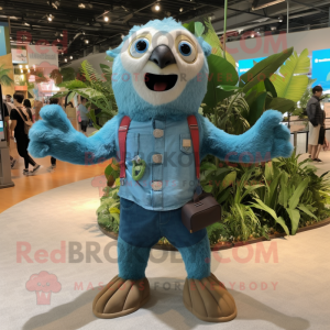 Cyan Sloth mascot costume character dressed with a Denim Shorts and Shoe clips