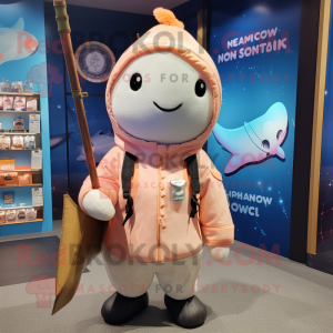 Peach Narwhal mascot costume character dressed with a Parka and Necklaces