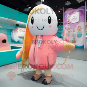 Peach Narwhal mascot costume character dressed with a Parka and Necklaces