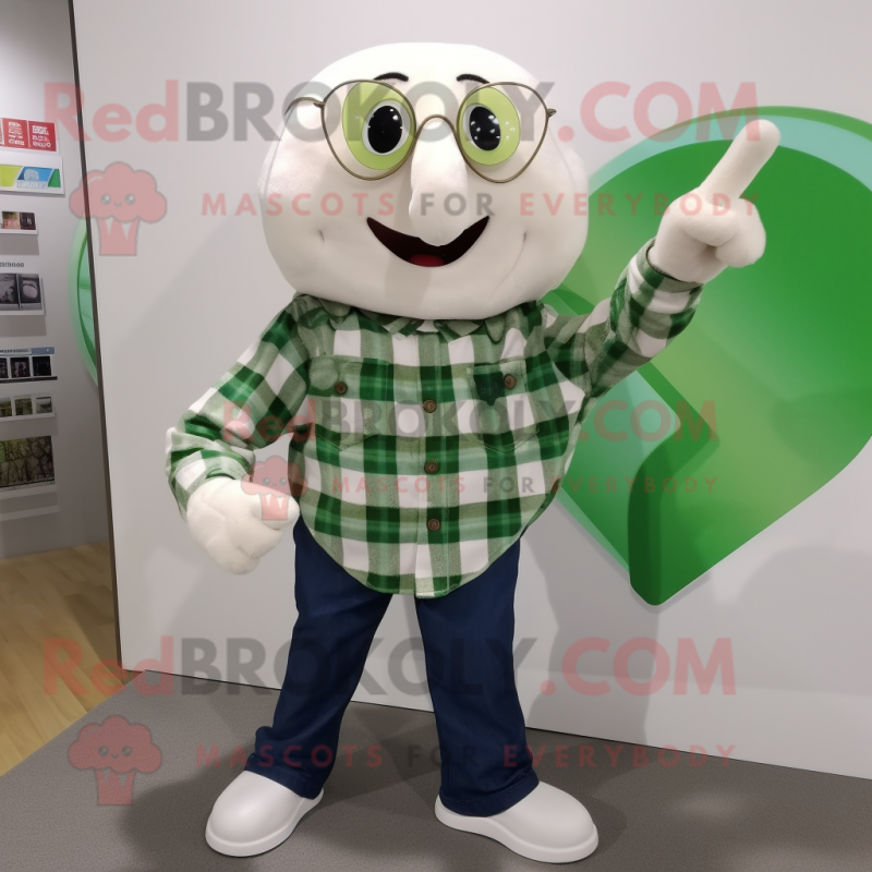 White Green Bean mascot costume character dressed with a Flannel Shirt and Cufflinks