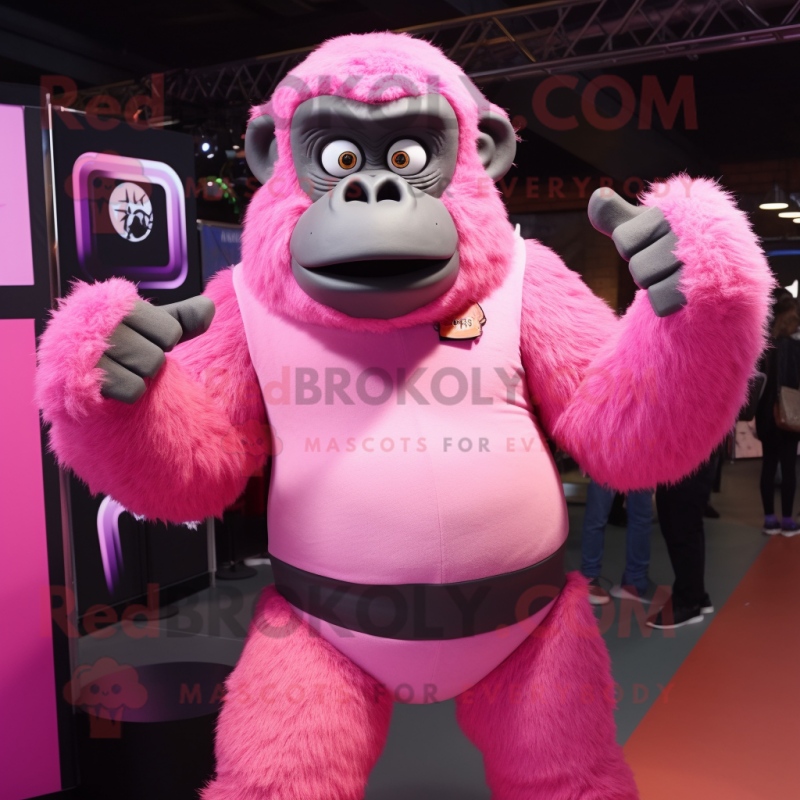 Pink Gorilla mascot costume character dressed with a Henley Tee and Wraps