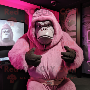 Pink Gorilla mascot costume character dressed with a Henley Tee and Wraps
