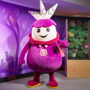 Magenta Turnip mascot costume character dressed with a Coat and Anklets