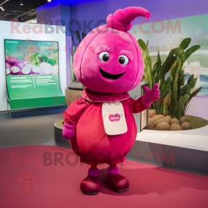 Magenta Turnip mascot costume character dressed with a Coat and Anklets