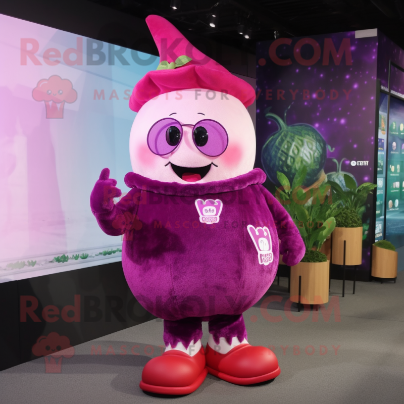 Magenta Turnip mascot costume character dressed with a Coat and Anklets