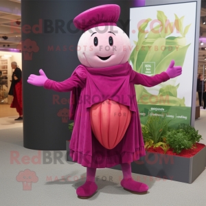 Magenta Turnip mascot costume character dressed with a Coat and Anklets