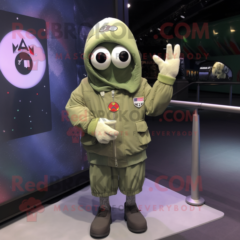 Olive Ghost mascot costume character dressed with a Bomber Jacket and Scarf clips Olive Ghost mascot costume character dressed with a Bomber Jacket and Scarf clips