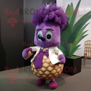 Purple Pineapple mascot costume character dressed with a Skirt and Pocket squares