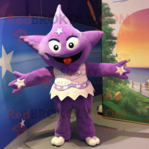 Purple Starfish mascot costume character dressed with a V-Neck Tee and Hairpins