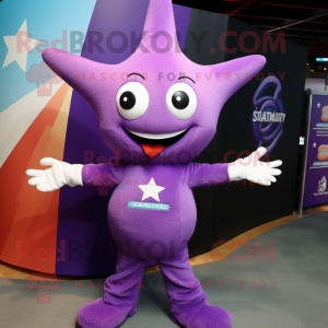 Purple Starfish mascot costume character dressed with a V-Neck Tee and Hairpins