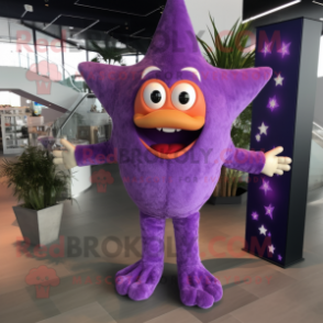 Purple Starfish mascot costume character dressed with a V-Neck Tee and Hairpins