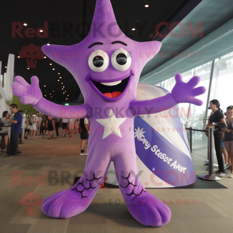 Purple Starfish mascot costume character dressed with a V-Neck Tee and Hairpins