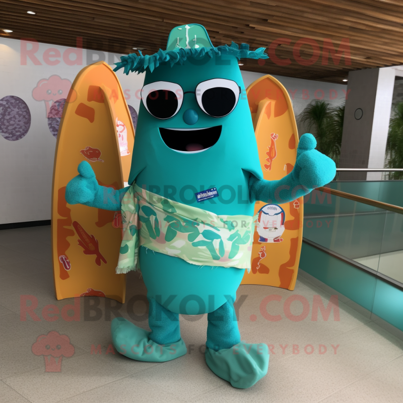 Turquoise Enchiladas mascot costume character dressed with a Swimwear and Sunglasses