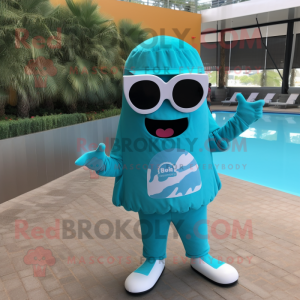 Turquoise Enchiladas mascot costume character dressed with a Swimwear and Sunglasses