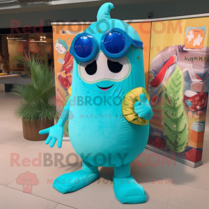 Turquoise Enchiladas mascot costume character dressed with a Swimwear and Sunglasses