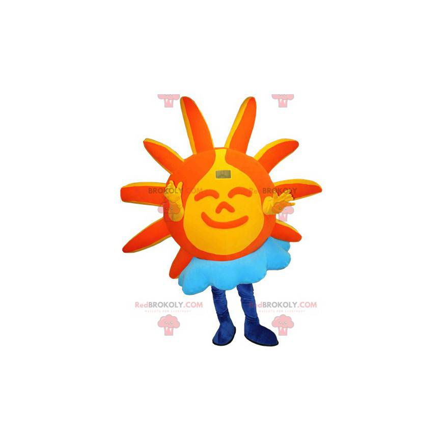 Oranje en gele zon mascotte met een wolk - Redbrokoly.com