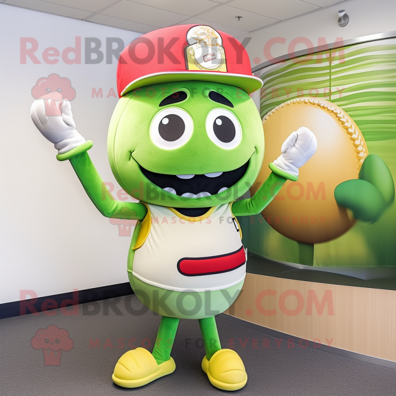 Olive Hamburger mascot costume character dressed with a Baseball Tee and Beanies Olive Hamburger mascot costume character dressed with a Baseball Tee and Beanies