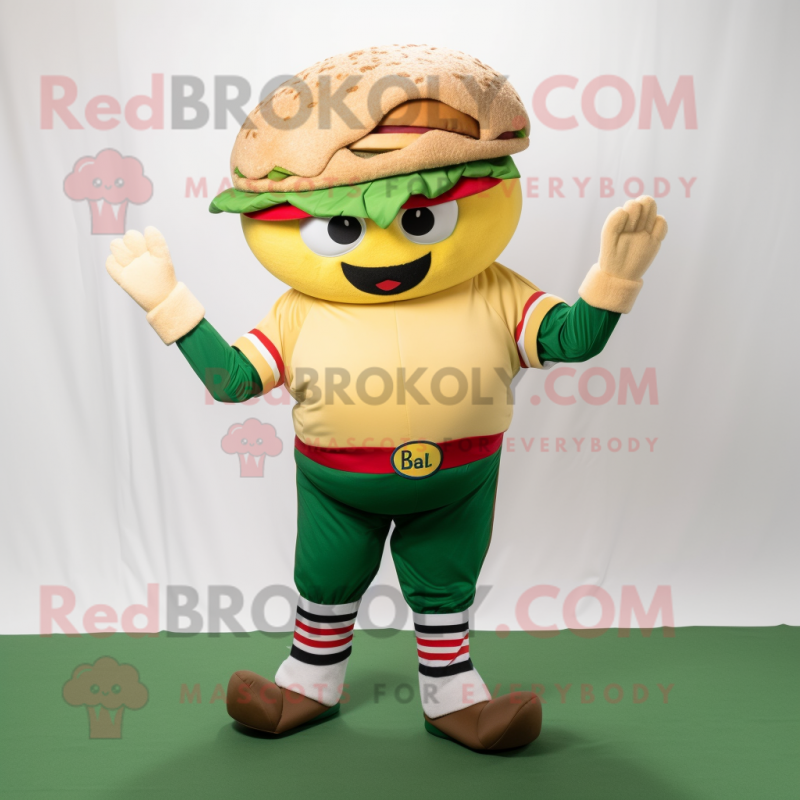 Olive Hamburger mascot costume character dressed with a Baseball Tee and Beanies Olive Hamburger mascot costume character dressed with a Baseball Tee and Beanies