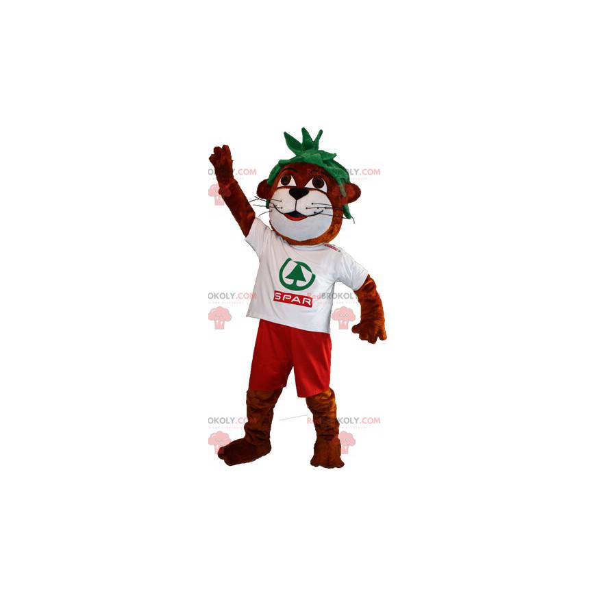 Mascotte de loutre marron et blanche avec les cheveux verts -