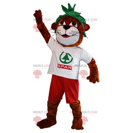 Mascote de lontra marrom e branca com cabelo verde -
