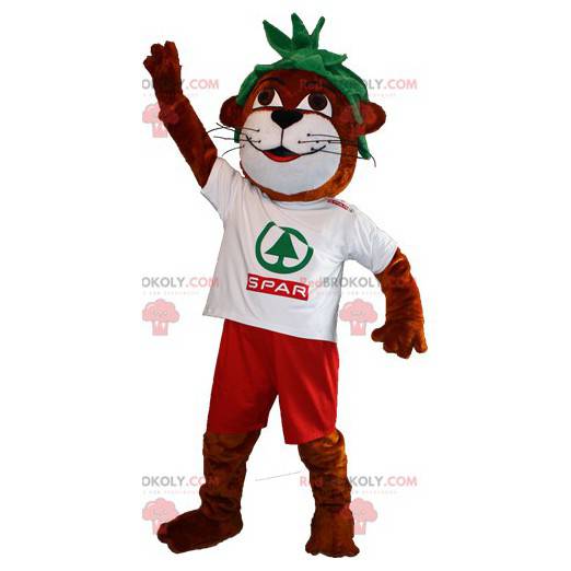 Mascotte lontra marrone e bianca con i capelli verdi -