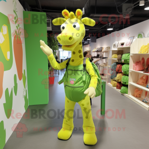 Lime Green Giraffe mascot costume character dressed with a Overalls and Backpacks