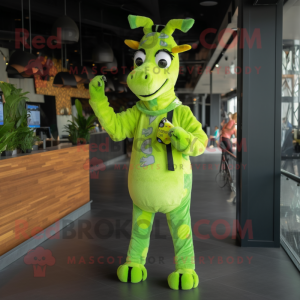 Lime Green Giraffe mascot costume character dressed with a Overalls and Backpacks