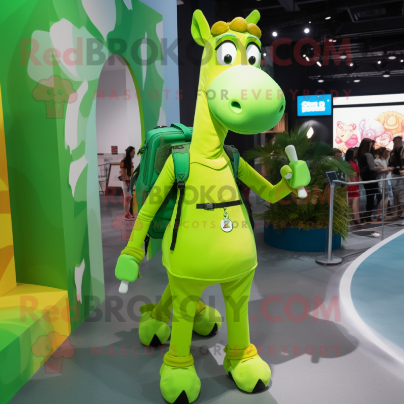 Lime Green Giraffe mascot costume character dressed with a Overalls and Backpacks