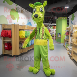 Lime Green Giraffe mascot costume character dressed with a Overalls and Backpacks