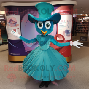 Teal Contortionist mascot costume character dressed with a Dress and Hats