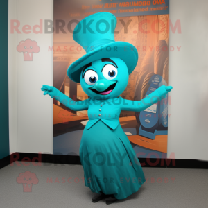 Teal Contortionist mascot costume character dressed with a Dress and Hats