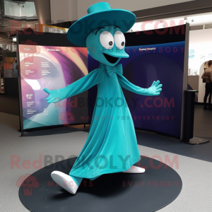 Teal Contortionist mascot costume character dressed with a Dress and Hats