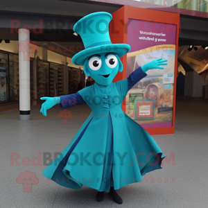 Teal Contortionist mascot costume character dressed with a Dress and Hats