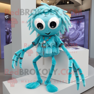 Cyan Spider mascot costume character dressed with a A-Line Dress and Necklaces