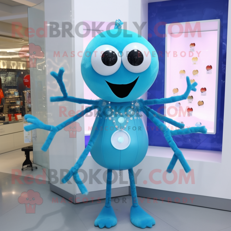 Cyan Spider mascot costume character dressed with a A-Line Dress and Necklaces