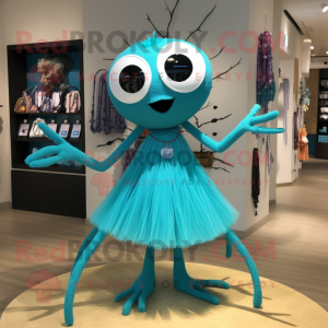 Cyan Spider mascot costume character dressed with a A-Line Dress and Necklaces