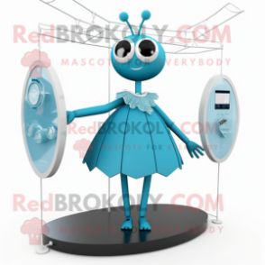 Cyan Spider mascot costume character dressed with a A-Line Dress and Necklaces