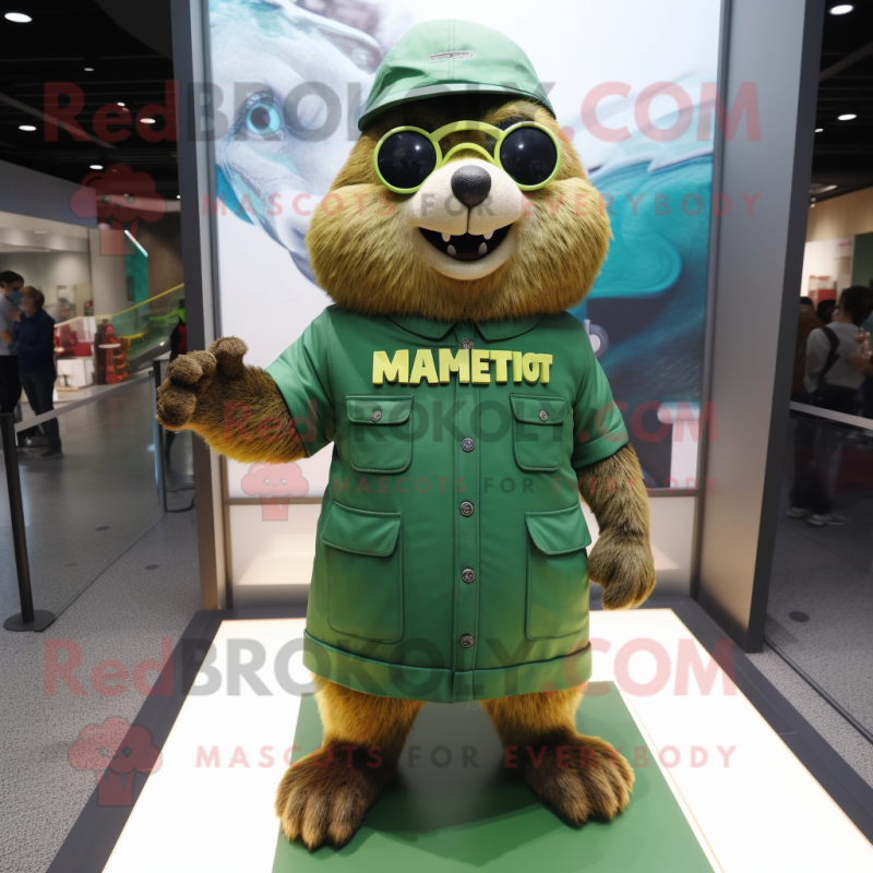 Green Marmot mascot costume character dressed with a Overalls and Eyeglasses