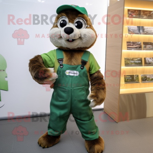 Green Marmot mascot costume character dressed with a Overalls and Eyeglasses