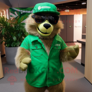 Green Marmot mascot costume character dressed with a Overalls and Eyeglasses