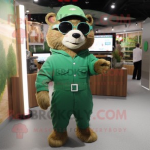 Green Marmot mascot costume character dressed with a Overalls and Eyeglasses