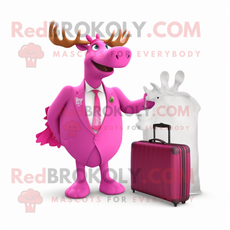 Magenta Elk mascot costume character dressed with a Wedding Dress and Briefcases Magenta Elk mascot costume character dressed with a Wedding Dress and Briefcases