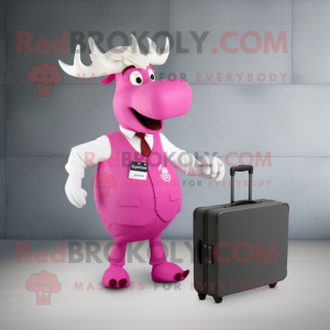 Magenta Elk mascot costume character dressed with a Wedding Dress and Briefcases