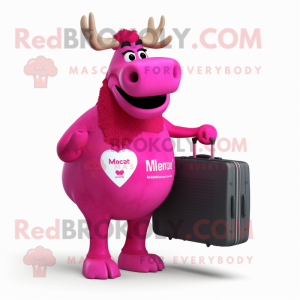 Magenta Elk mascot costume character dressed with a Wedding Dress and Briefcases